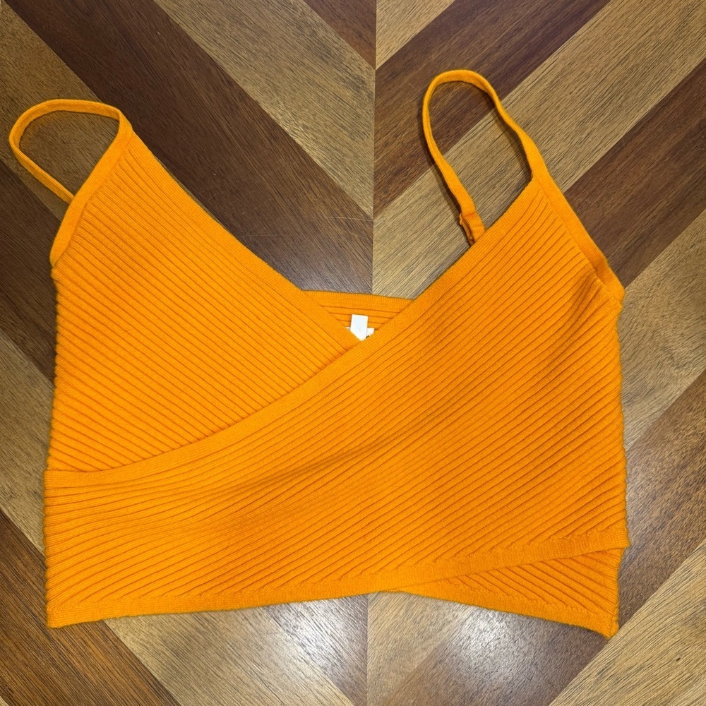 Orange Ribbed Wrap Crop Tank Top
